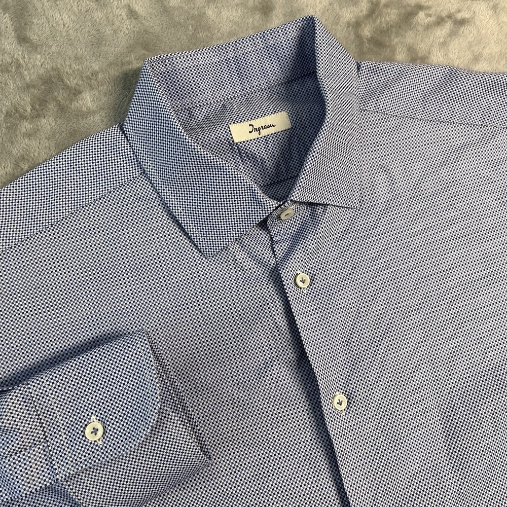 Ingram Made In Italy Dress Shirt Mens XL Blue White Micro Check Cotton Button Up